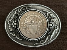 Pewter Belt Buckle With FAKE  Copy  Coin Draped Bust Eagle Liberty USA Metal