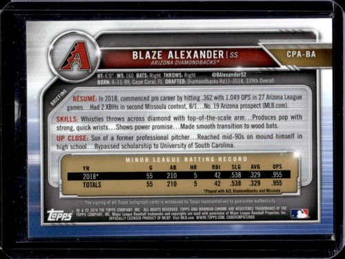 2019 Bowman Blaze Alexander Chrome Prospect Auto Speckle Refractor #219/299 - Picture 2 of 2