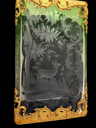 Jarrón antiguo Moser dorado champán cubo de hielo corte intaglio ciervo ciervo verde/claro - Imagen 12 de 24