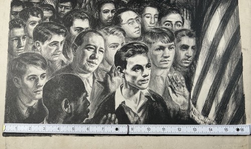 "Litografía de posguerra de colección multitud diciendo promesa a bandera impresión Freda Reiter 14x19""" - Imagen 15 de 17