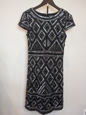 Adrianna Papell Dress Womens 4 Black Silver Beaded Sequin Short Sleeve Cocktail