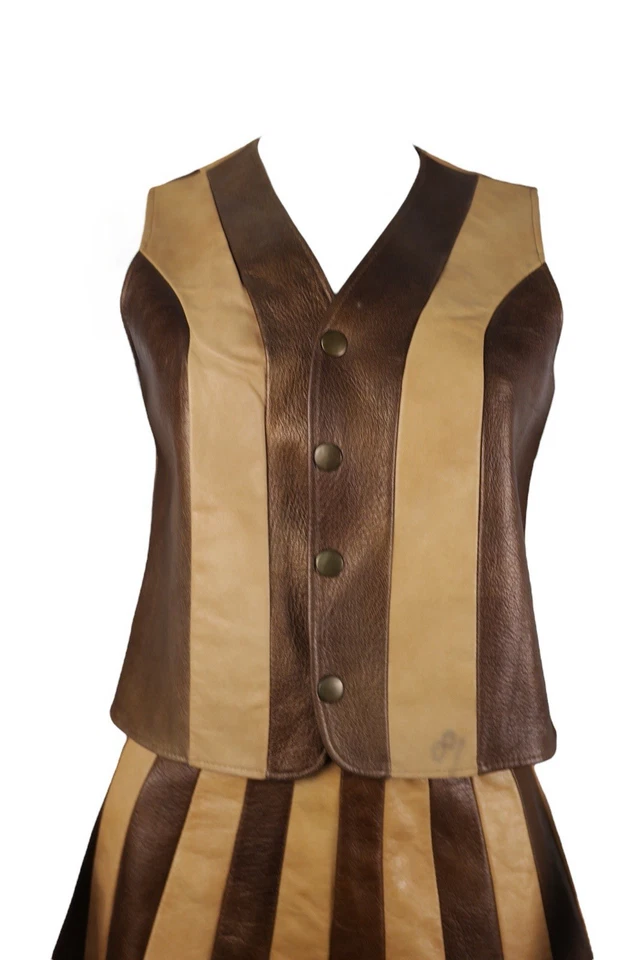 Vintage 70's Striped Leather Tan and Brown Vest and Skirt Set Size Small - Image 3 of 4