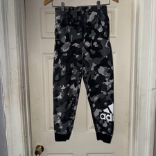 Adidas Pants Youth Medium 10/12 Black Gray Camo Joggers Sweatpants Logo Fleece