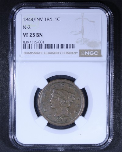 1844 / INV 184 Braided Hair Large Cent (N-2) - 1c NGC VF25 - Strong Overdate! - Picture 1 of 3