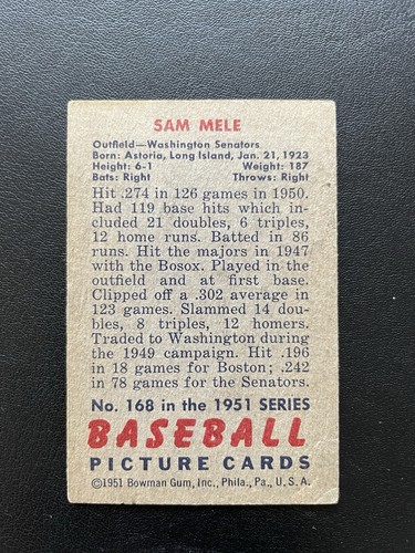 1951 Bowman Set Break #168 Sam Mele Senators - Picture 2 of 2