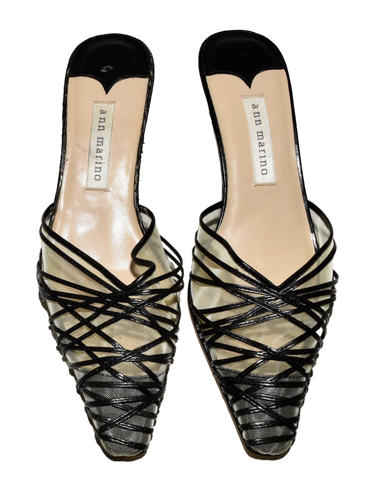 Ann Marino Black Thin Straps Over Net Pointed SquareToe Slide Mules Size 7B - Image 4 of 4