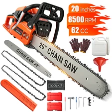 62CC 20in Gasoline Chainsaw Powered Wood Cutting Engine Gas Crankcase w/2 Chains