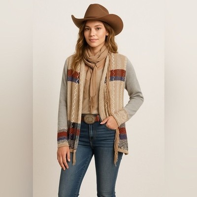 Gimmicks by BKE Fringe Open Front Cardigan Western Tassel Sweater