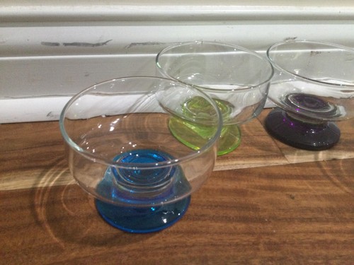 Set 4 desert sorbet glass cups clear colored stem foot blue green yellow purple - Picture 2 of 8
