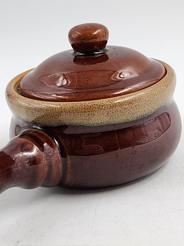 2 Pc Vtg French Onion Soup Crock Handled Bowl w/ Lid Brown Glazed 4.5" - Picture 5 of 10