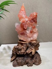 2020g natural Red rabbit hair Rooster skull quartz crystal carved reiki +stand