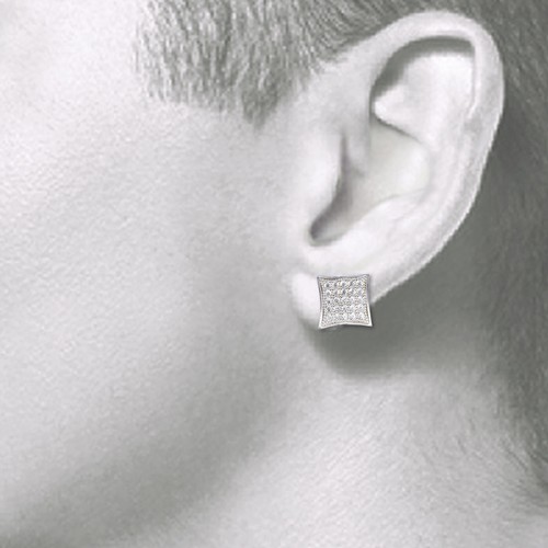 10K Solid Yellow White Gold CZ Kite Square Stud Earrings Cubic Cluster Men Women - Picture 2 of 3