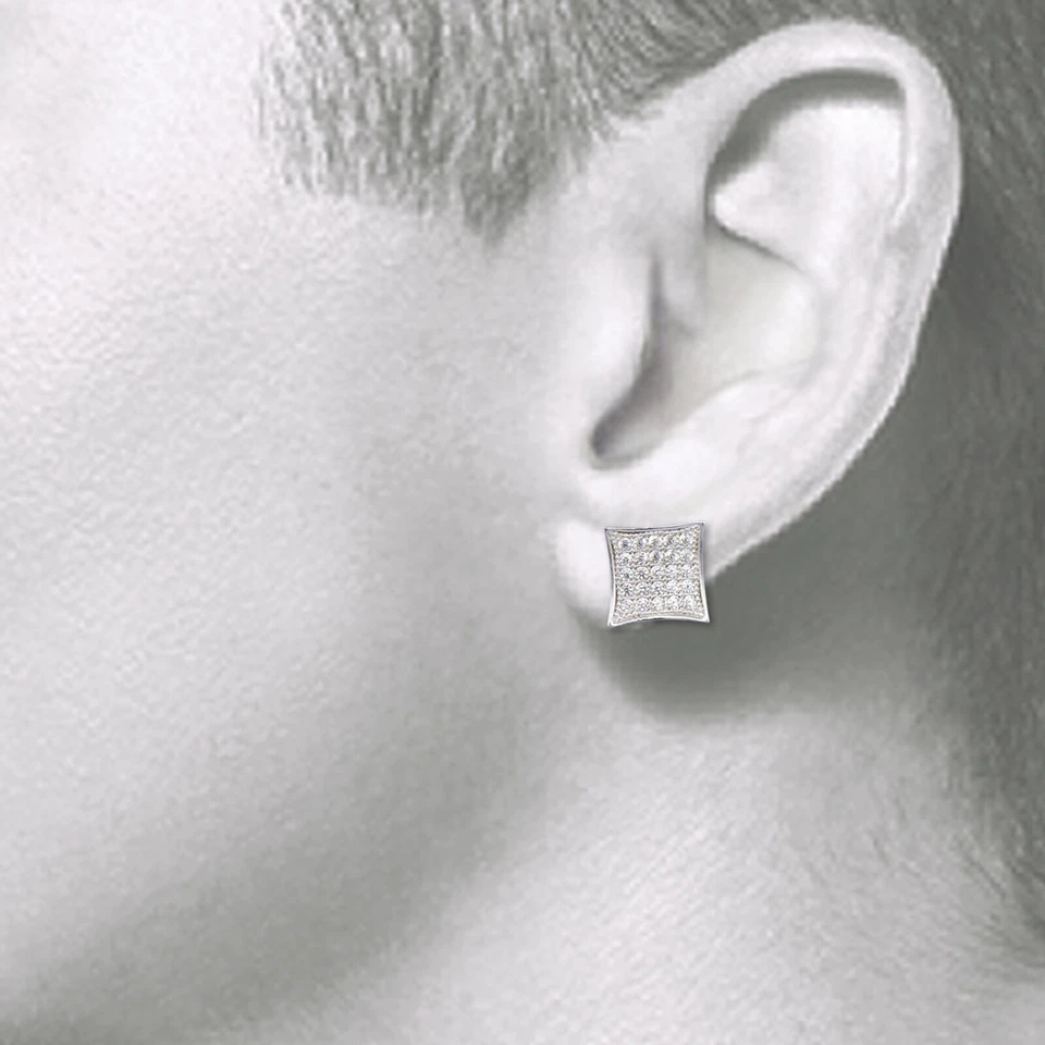 10K Solid Yellow White Gold CZ Kite Square Stud Earrings Cubic Cluster Men Women Foto 2 de 3