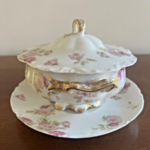 Antique Haviland Schleiger 39F Ranson Pink Roses Covered Dish Sugar Bowl Saucer - Picture 9 of 19