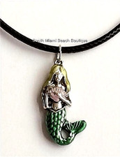 Mermaid Charm Necklace Nautical Island Beach Enamel Pendant Black Cord 18"