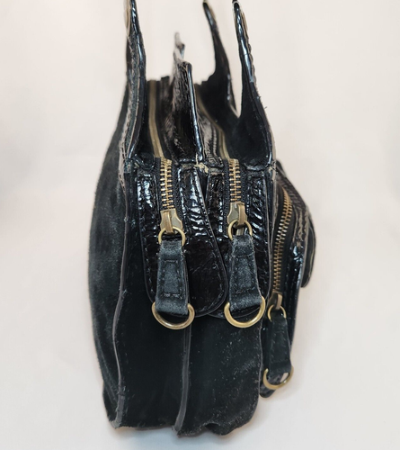 Bica Cheia Anthropologie Black Suede Patent Leather Shoulder Bag 2 Zip Sections - Picture 13 of 19