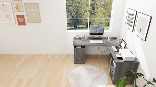 60 Inch L Shaped Desk with Power Outlets Corner Computer Desk with File Drawer - Video 1 of 1