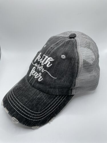 Faith Over Fear Embroidered Hat Adjustable One Size Women’s Distressed Cap - Picture 2 of 5