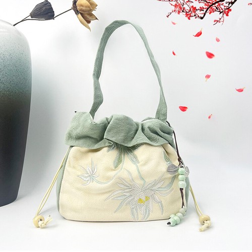 Chinese Hanfu Embroidery Crossbody Shoulder Drawstring Bucket Bag Coin Handbags - Picture 29 of 37