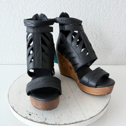 NEW Lane Boots BECCA Womens Black Wedges 6 Western Style Sandals Cowgirl Leather - Picture 2 of 9