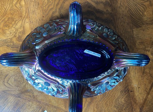 FENTON THISTLE Colbalt BLUE CARNIVAL GLASS LARGE OVAL Footed  BANANA BOAT 11 x8 - Bild 8 von 15