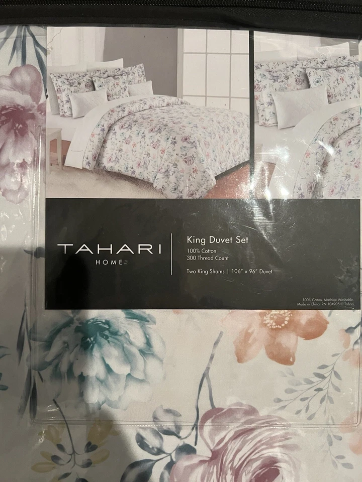 Juego de Funda Nórdica Tahari King Floral Blanco Algodón Rosa Multi 3 piezas Nuevo Raro Foto 2 de 3