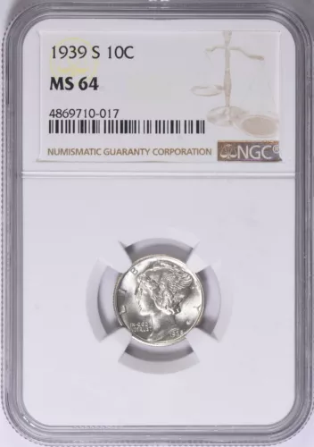 1939  -  S   MERCURY  DIME  -  NGC  MS 64