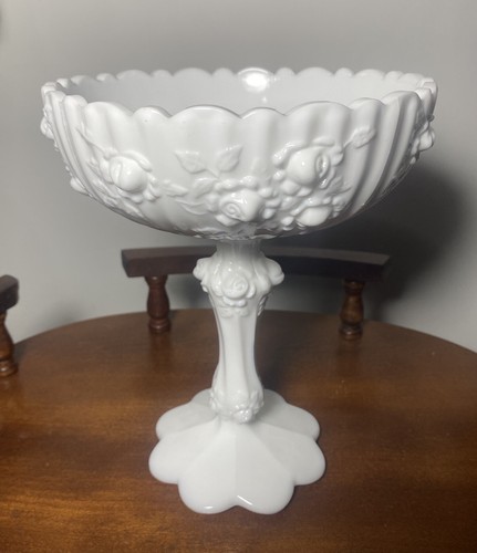 Vintage Fenton Cabbage Rose Milk Glass Compote Candy Dish Bowl White Roses - Picture 7 of 8