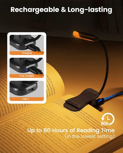 USB Rechargeable Clip-On Book Light 3 Color Book Lamp Adjustable Brightness Read - Afbeelding 4 van 25