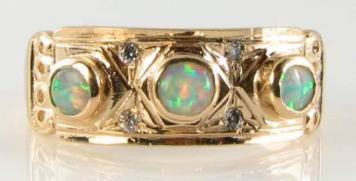 LARGE 9CT 9K GOLD AUS OPAL & DIAMOND BAND TRILOGY ART DECO INS GYPSY RING Size U - Picture 1 of 6