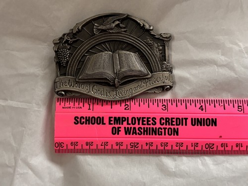 Pewter Belt Buckle Bible The Word Of God Is Living & Powerful John 1:1 Vtg 80s - Picture 18 of 21