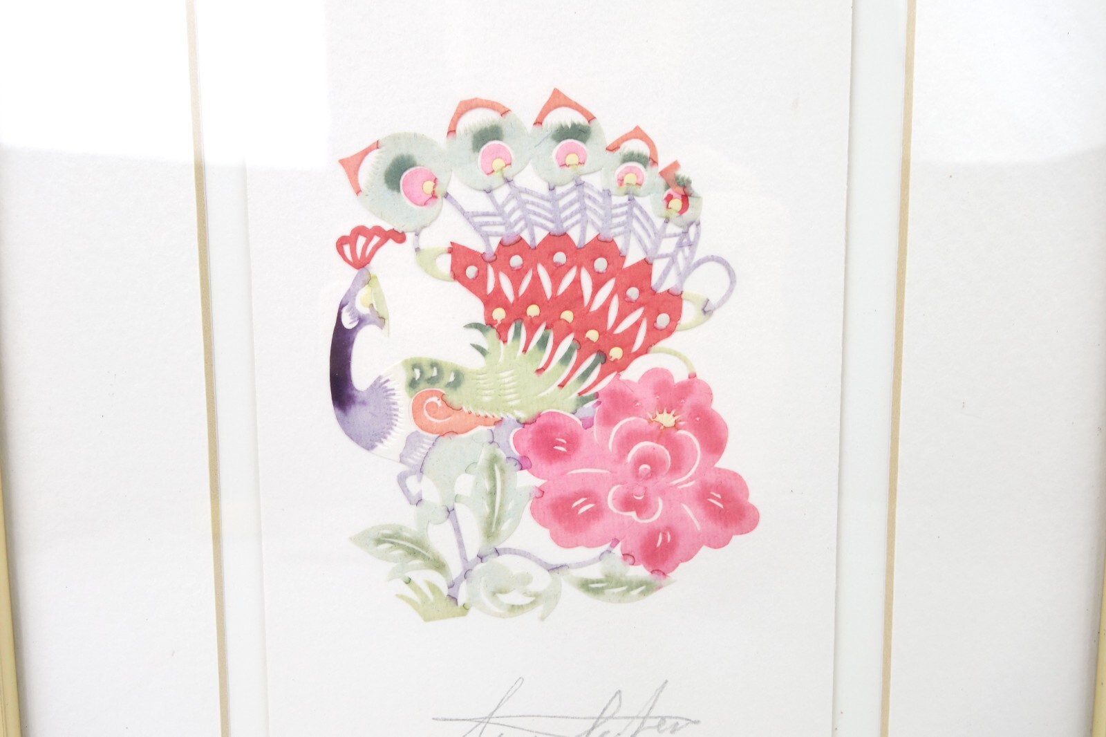 Aquarelle vintage milieu du siècle peinture découpe papier art paon signée - Photo 3 sur 5