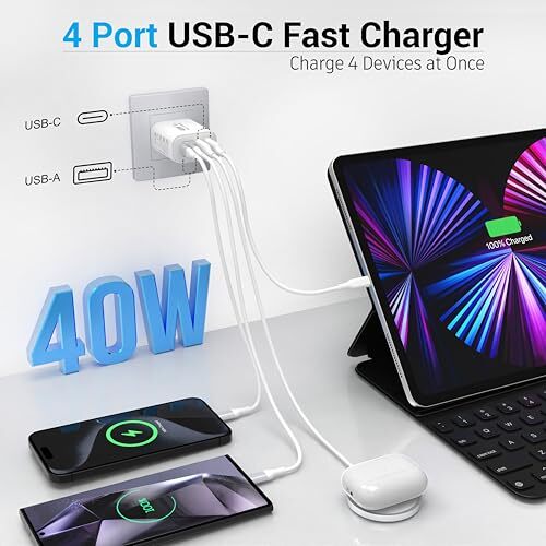 40W USB C Block, 4 Ports Wall Plug Fast Charging Block, PD+QC Multiport Power - Picture 2 of 8