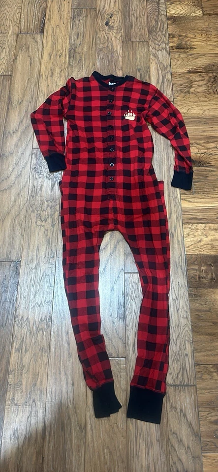 One Piece Pajama Adult Small Lazy One Bear Cheeks Buffalo Plaid Flapjack Bottom - Image 4 of 4