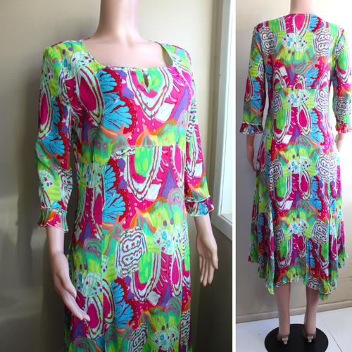 UBU Midi Dress M Fit Flare Rainbow Psychedelia 3/4 Sleeve High Waist Boho Hippy - Picture 2 of 9