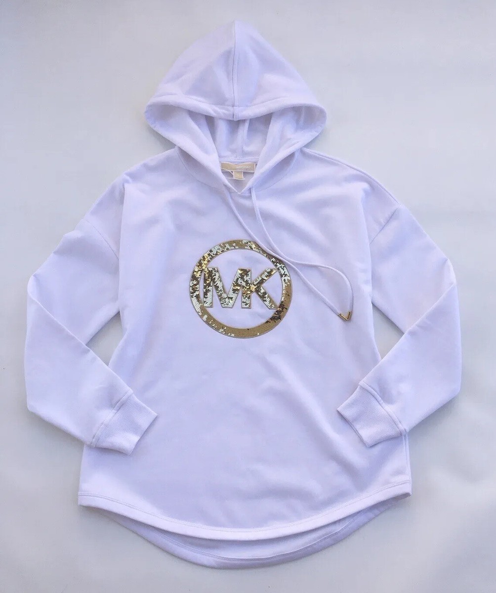 MICHAEL KORS WOMENS WHITE HOODIE SWEATSHIRT MK LOGO GOLD