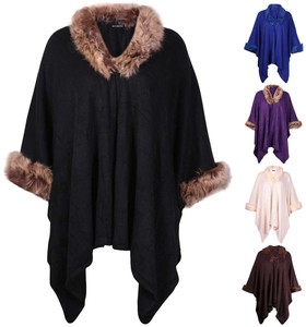 womens plus size cape poncho knitted faux fur trim fleece jacket plus size poncho coat