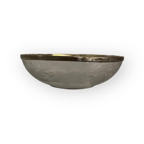Antique Heisey Glass Bowl w Etched Grape & Leave Design. Art Nouveau. Silver Rim - Picture 3 of 10