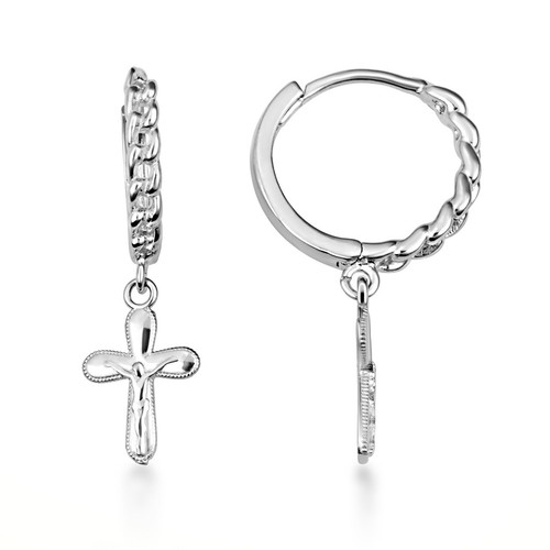 .925 Sterling Silver Crucifix Jesus Christ Milgrain Cuban Link Huggie Earrings - Picture 4 of 5