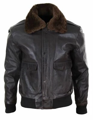 Herren Braun Echtleder Flieger Bomber Jacke Abnehmbarer Pelzkragen Mantel S-3X - Bild 1 von 4