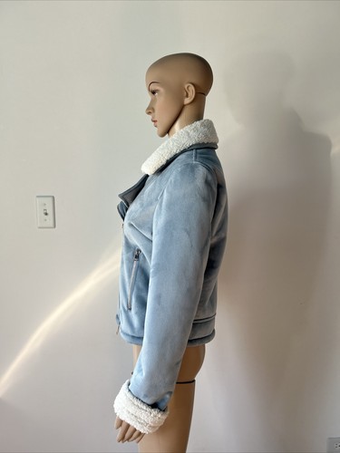 New NWT $695 Les Copains Pale Blue Vegan Faux Shearling Sherpa Biker Jacket Coat - Picture 5 of 24