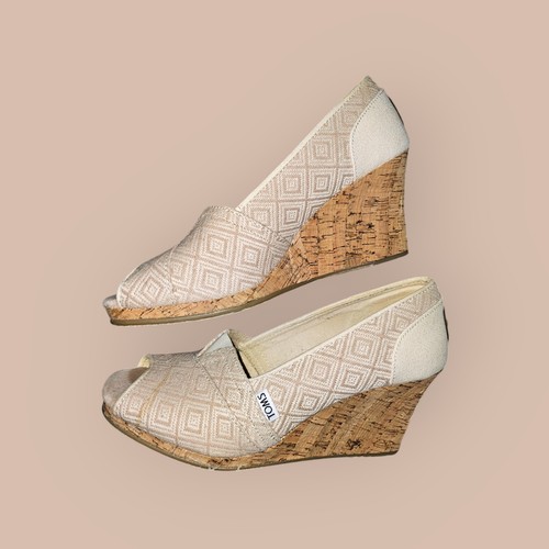 Cuña clásica Toms de lino natural con cuña de corcho talla 9W - Imagen 1 de 10