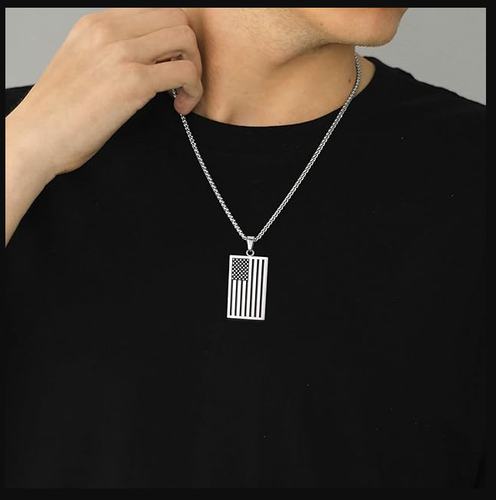 Stainless Steel USA American Flag Stars & Stripes Pendant Box Chain Necklace 24" - Picture 4 of 4