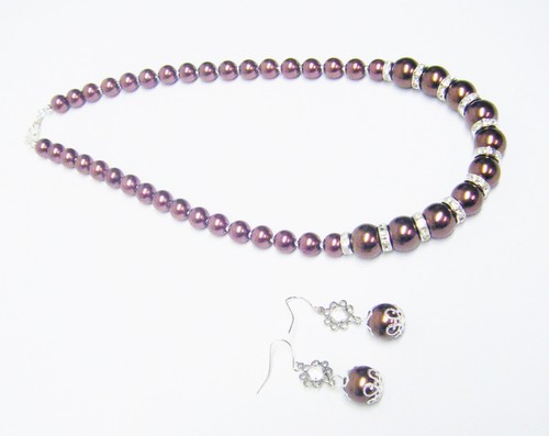 Brown Glass Pearl w/Rondelle Crystal Bead Necklace/Earrings Set - Picture 6 of 12