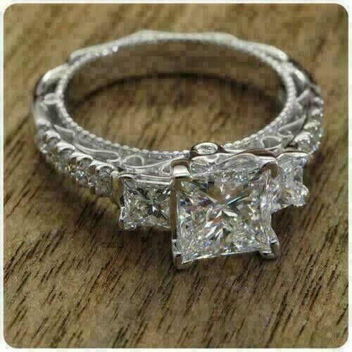 2Ct Princess Cut Lab Created Diamond Engagement Ring 14K White Gold Plated - Picture 3 of 7