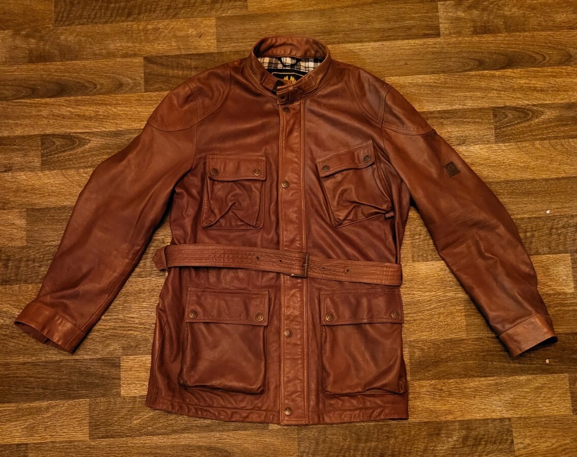 Vintage men's brown leather Belstaff motorcycle jacket L Trailmaster Roadmaster?