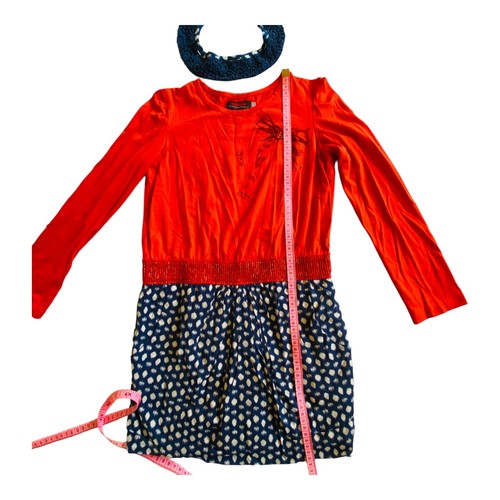 Catimini Girl Dress Red Navy Long Sleeve Optional Peter Pan Collar Size 8 - Picture 13 of 21
