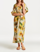Gant Damen Kleid Mehrfarbig Sonnenblumen-Print Viskose Langarm Midikleid Gr. 38