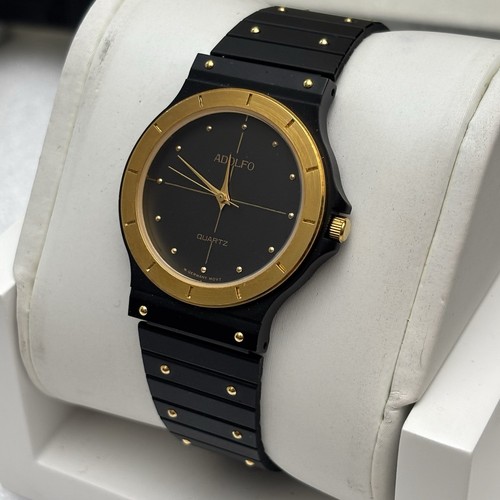 NOS Neo Vintage Adolfo Watch Men Black Gold Tone Rare W. Germany 31mm Quartz GTI - Picture 3 of 10