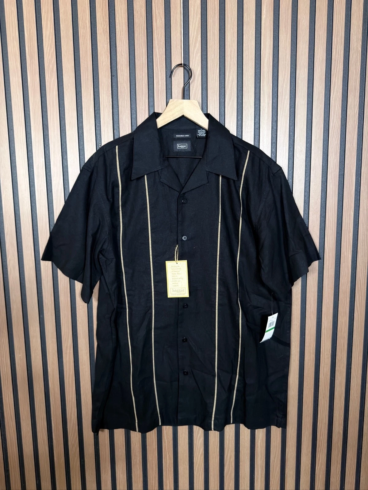 New Haggar Shirt Large Mens Black Washable Linen Casual Button Collared Short